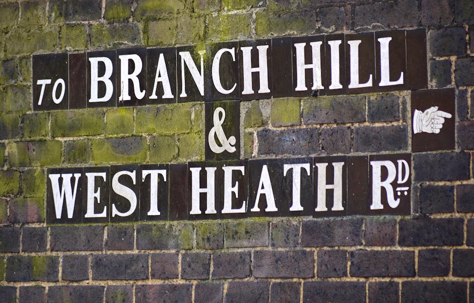 A close-up view of a moss-covered brick wall with large white and black lettering spelling out 'TO BRANCH HILL & WEST HEATH R.' The sign is mounted on the weathered, dark brick surface, with a white pointing hand symbol to the right. The lighting highlights the textured surface of the bricks and the contrast of the bold signage, set in an outdoor, urban environment.